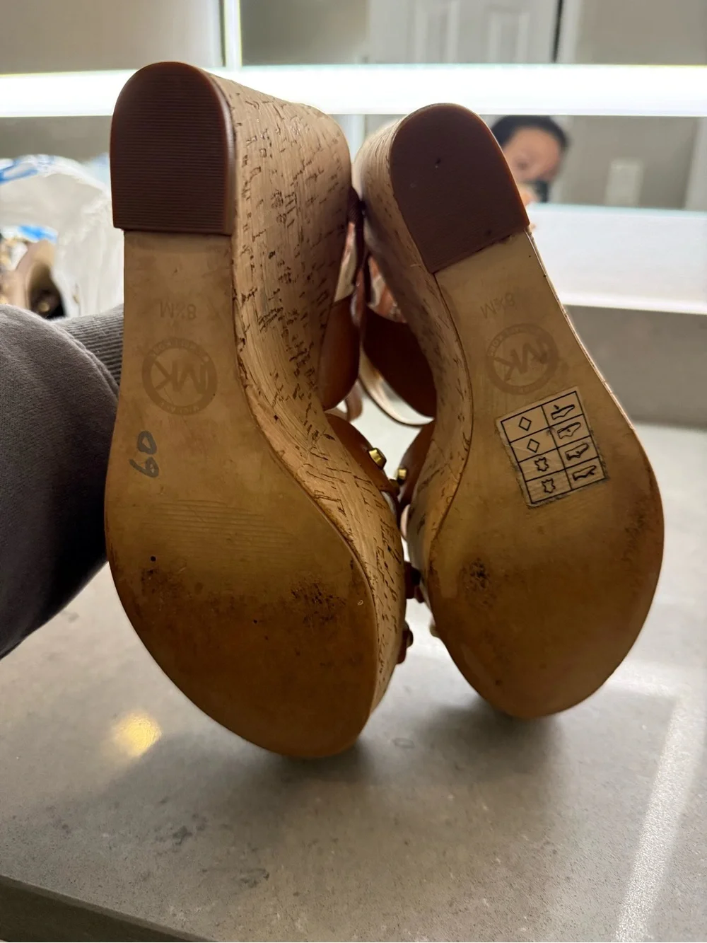Michael Kors Brown Leather Cork Wedge Sandals with Gold Studs